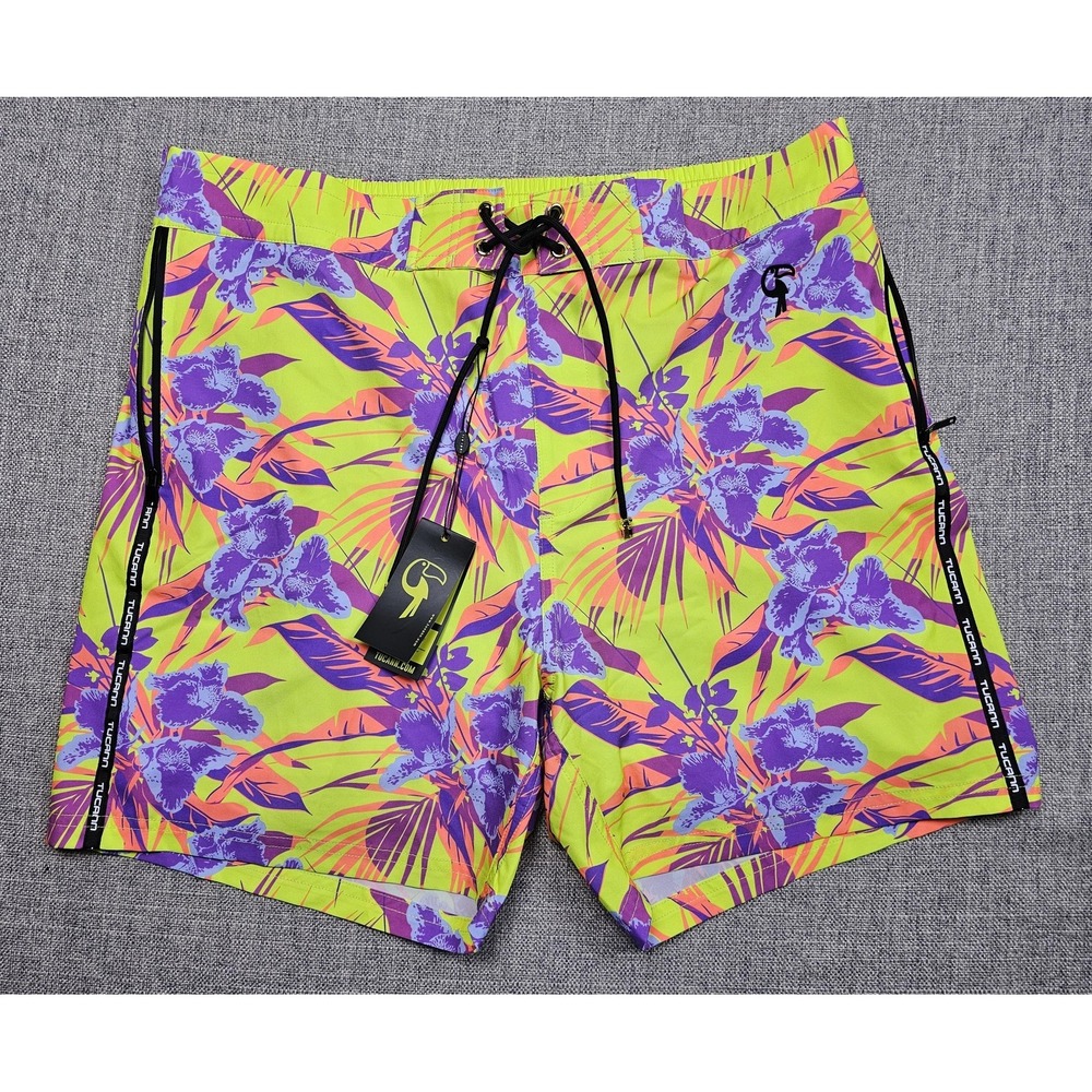 Tucann Swim Trunks Mens 2XL Multicolor Tropical Floral Lined Quick Dry Stretch